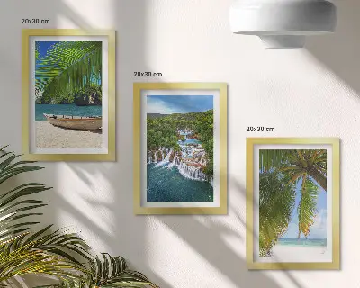 Beach with boat, waterfalls and palm trees in the tropics framed triptych