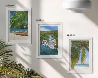 Beach with boat, waterfalls and palm trees in the tropics framed triptych