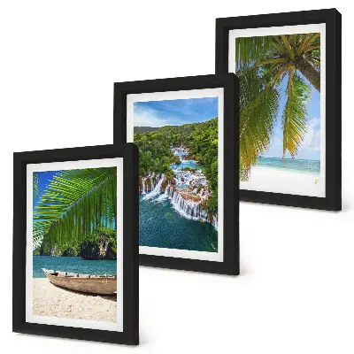 Beach with boat, waterfalls and palm trees in the tropics framed triptych