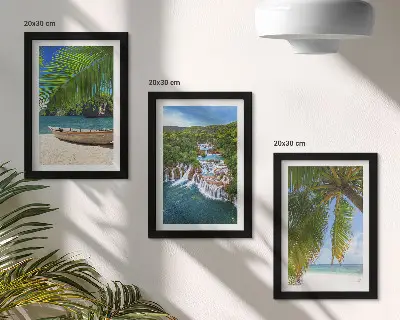 Beach with boat, waterfalls and palm trees in the tropics framed triptych