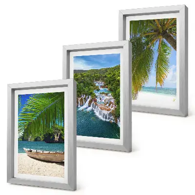 Beach with boat, waterfalls and palm trees in the tropics framed triptych
