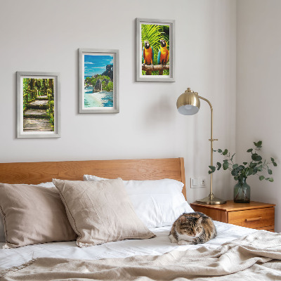 Photo frame wall Tropical forest with a waterfall and colorful parrots