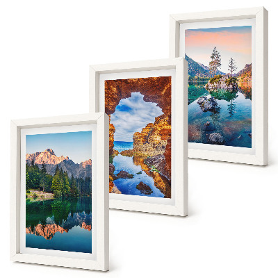 Framed triptych Mountain lakes with reflections in the water and rocks