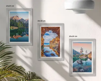 Mountain lakes with reflections in the water and rocks framed triptych