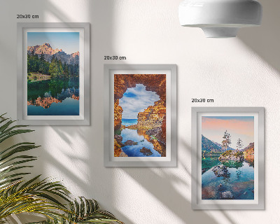 Framed triptych Mountain lakes with reflections in the water and rocks