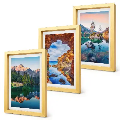 Mountain lakes with reflections in the water and rocks framed triptych