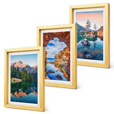 Framed triptych Mountain lakes with reflections in the water and rocks