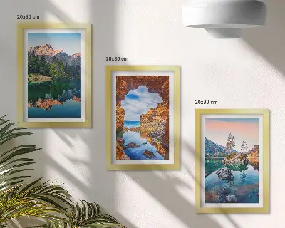 Mountain lakes with reflections in the water and rocks framed triptych