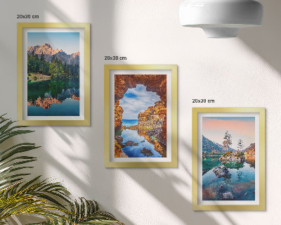 Framed triptych Mountain lakes with reflections in the water and rocks
