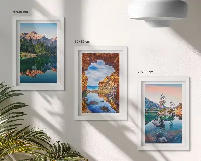 Mountain lakes with reflections in the water and rocks framed triptych