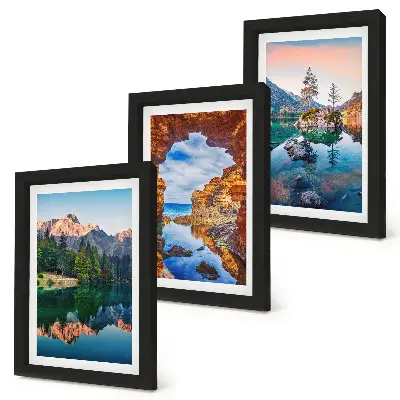 Mountain lakes with reflections in the water and rocks framed triptych