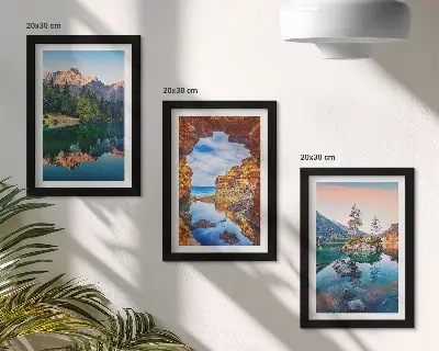 Mountain lakes with reflections in the water and rocks framed triptych