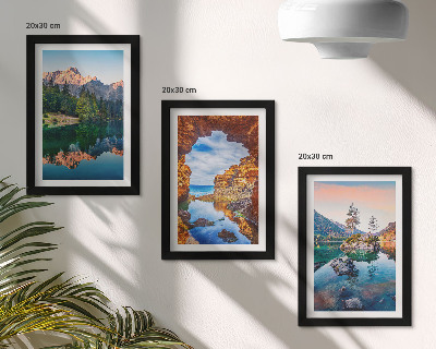 Framed triptych Mountain lakes with reflections in the water and rocks