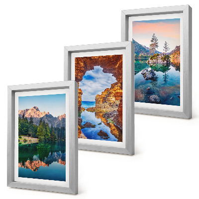 Framed triptych Mountain lakes with reflections in the water and rocks