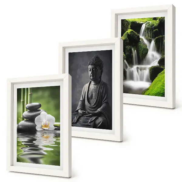 Relaxing Zen triptych set featuring water, stones, and Buddha framed artwork