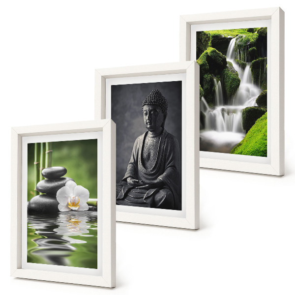Framed triptych Relaxing ZEN paintings with water, stones and Buddha