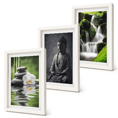 Framed triptych Relaxing ZEN paintings with water, stones and Buddha