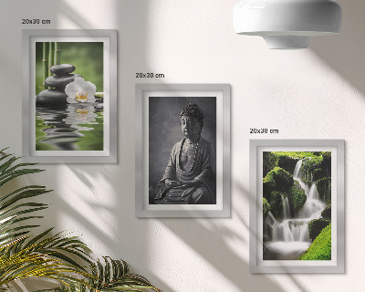 Framed triptych Relaxing ZEN paintings with water, stones and Buddha