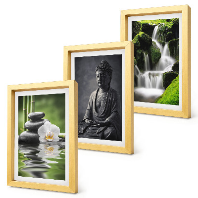 Framed triptych Relaxing ZEN paintings with water, stones and Buddha