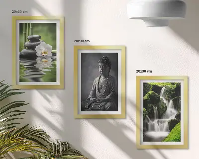 Relaxing Zen triptych set featuring water, stones, and Buddha framed artwork