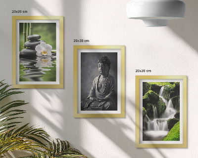 Framed triptych Relaxing ZEN paintings with water, stones and Buddha