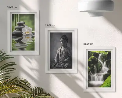 Relaxing Zen triptych set featuring water, stones, and Buddha framed artwork
