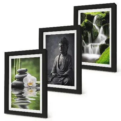 Relaxing Zen triptych set featuring water, stones, and Buddha framed artwork
