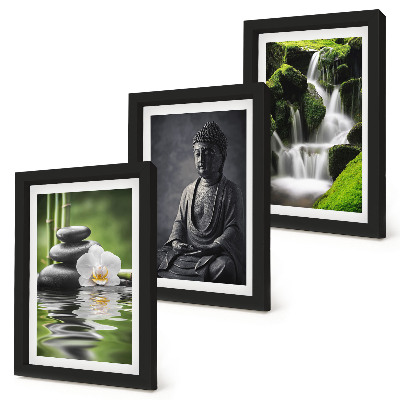 Framed triptych Relaxing ZEN paintings with water, stones and Buddha