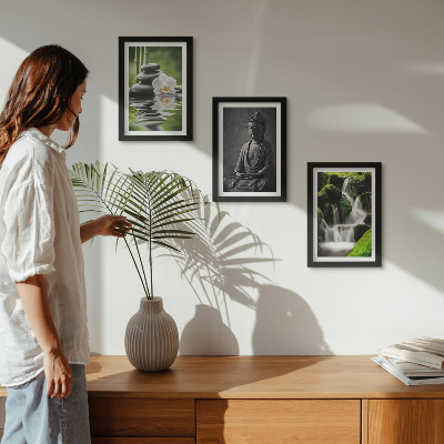 Framed triptych Relaxing ZEN paintings with water, stones and Buddha