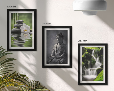 Framed triptych Relaxing ZEN paintings with water, stones and Buddha
