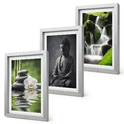 Relaxing Zen triptych set featuring water, stones, and Buddha framed artwork