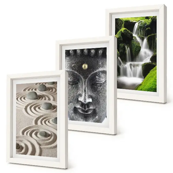 3-piece wall art set featuring a peaceful nature scene with stones, a waterfall, and a Buddha statue