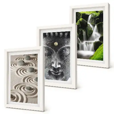 3-piece wall art set featuring a peaceful nature scene with stones, a waterfall, and a Buddha statue