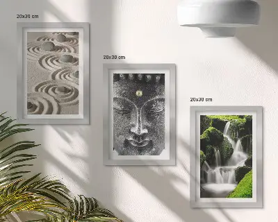 3-piece wall art set featuring a peaceful nature scene with stones, a waterfall, and a Buddha statue