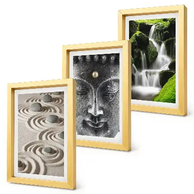 3-piece wall art set featuring a peaceful nature scene with stones, a waterfall, and a Buddha statue