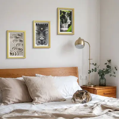 3-piece wall art set featuring a peaceful nature scene with stones, a waterfall, and a Buddha statue