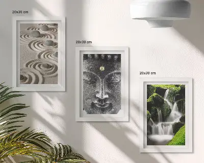 3-piece wall art set featuring a peaceful nature scene with stones, a waterfall, and a Buddha statue