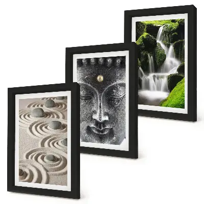 3-piece wall art set featuring a peaceful nature scene with stones, a waterfall, and a Buddha statue
