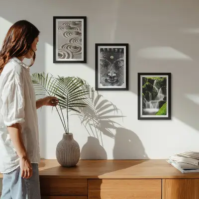 3-piece wall art set featuring a peaceful nature scene with stones, a waterfall, and a Buddha statue
