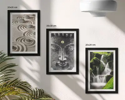 3-piece wall art set featuring a peaceful nature scene with stones, a waterfall, and a Buddha statue