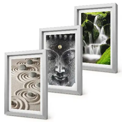 3-piece wall art set featuring a peaceful nature scene with stones, a waterfall, and a Buddha statue
