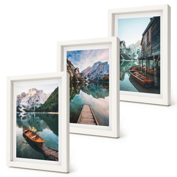 3-piece wall art set A lake in the mountains with boats and a wooden hut