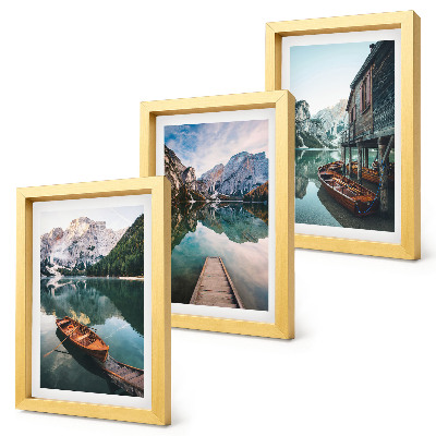 3-piece wall art set A lake in the mountains with boats and a wooden hut
