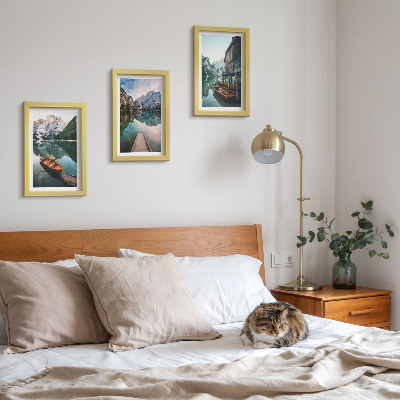 3-piece wall art set A lake in the mountains with boats and a wooden hut