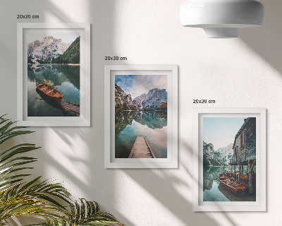 3-piece wall art set A lake in the mountains with boats and a wooden hut