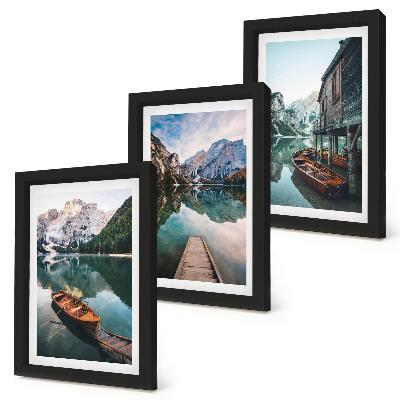 3-piece wall art set A lake in the mountains with boats and a wooden hut