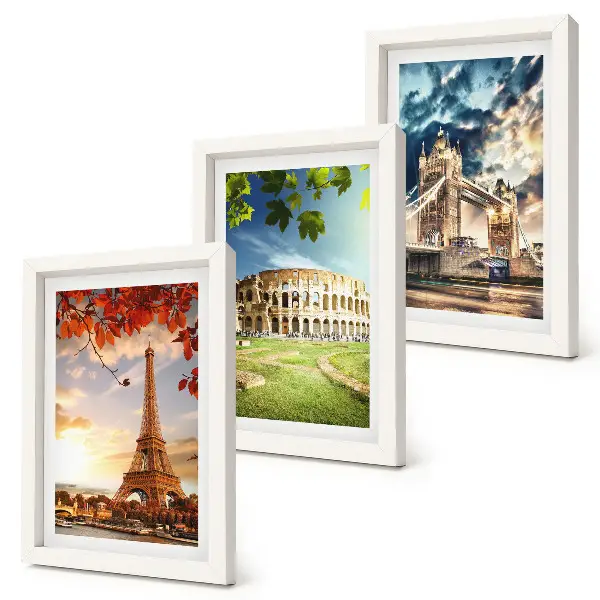 Photo frame wall featuring monuments of Europe in warm landscape colors