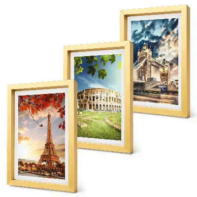 Photo frame wall featuring monuments of Europe in warm landscape colors