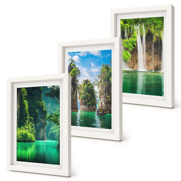 Framed triptych Green landscapes with waterfalls and rocks