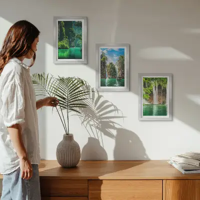 Green landscapes with waterfalls and rocks framed triptych